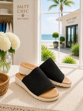 Kensie Black Knit Slide Sandals with Tan Footbed and White Platform 8